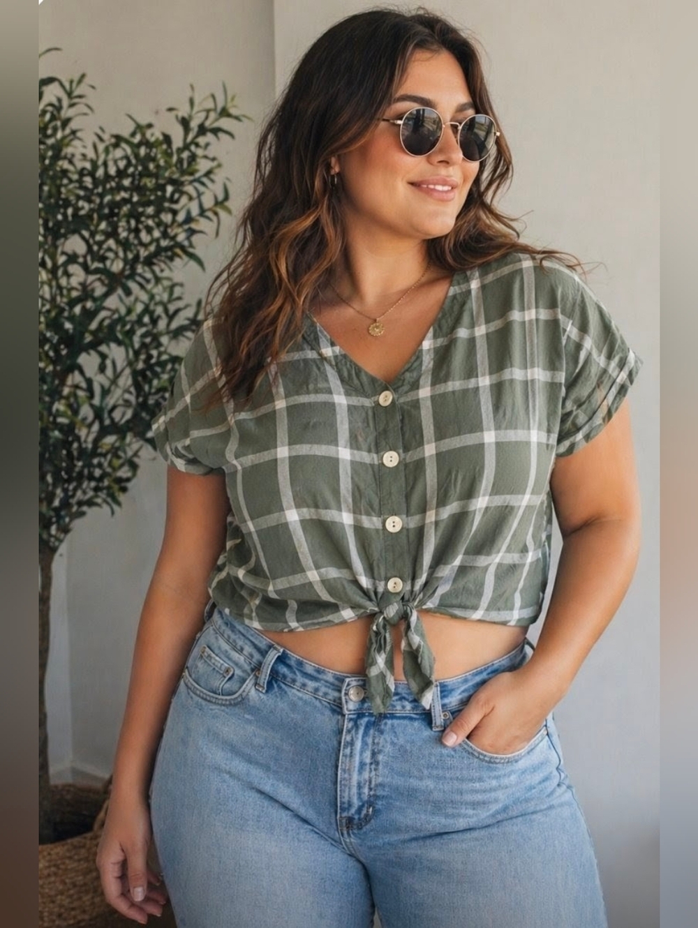 Universal Thread Olive Green Plaid Tie-Front Crop Top